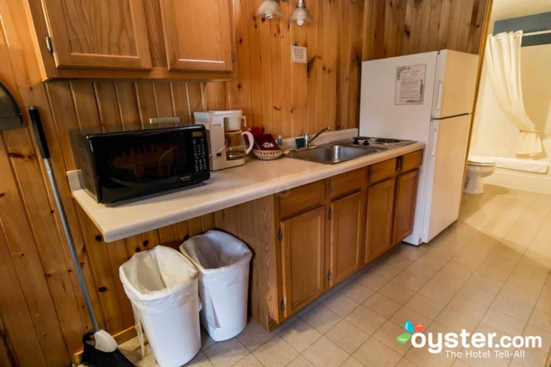 A compact, rustic kitchenette with wood-paneled walls, featuring a microwave, sink, small refrigerator, and a glimpse of an adjacent bathroom.